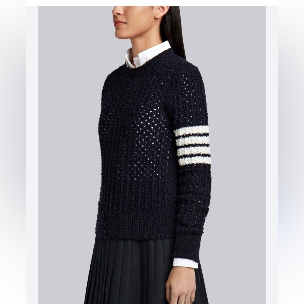 THOM BROWNE Women's 4-Bar Loopback Crewneck Sweater Navy Blue 36 Small